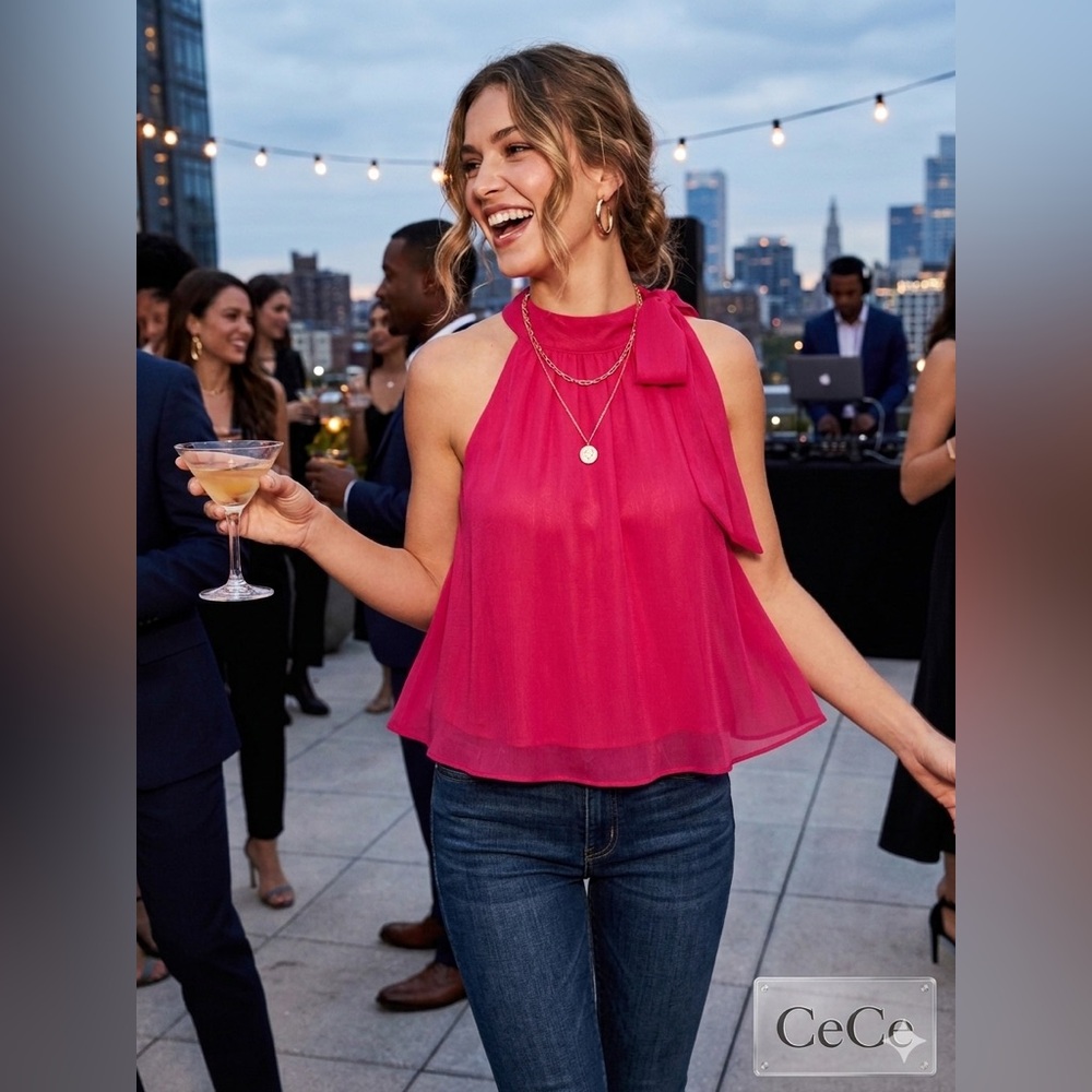 CeCe Hot Pink Halter Tie-Neck Ruffle Hem Camisole
